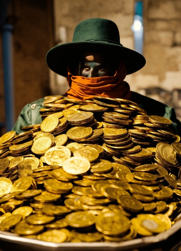 Hat, Yellow, Coin, Eyewear, Currency, Art