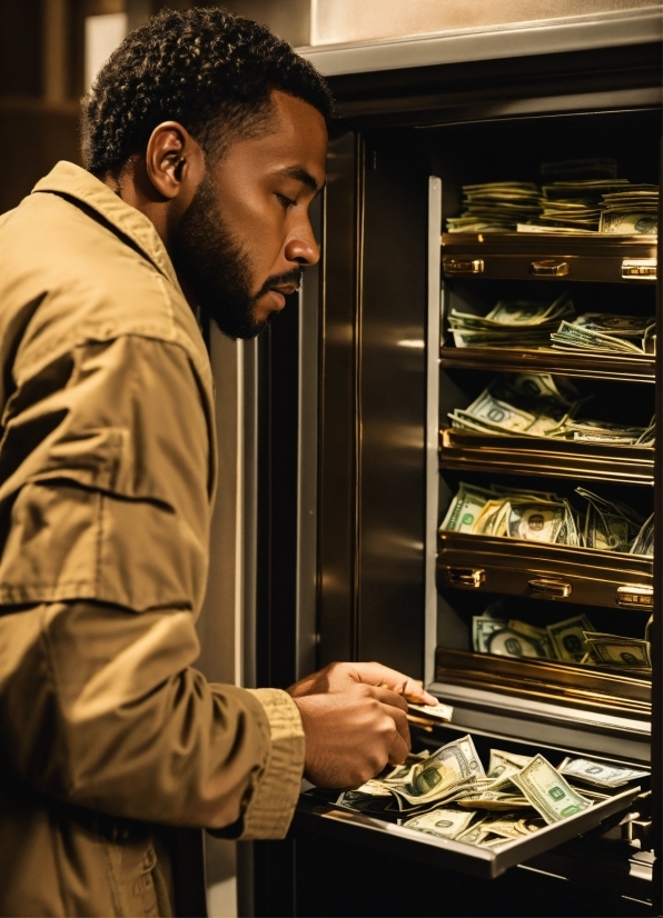 Yellow, Shelf, Jacket, Beard, Eyewear, Cooking