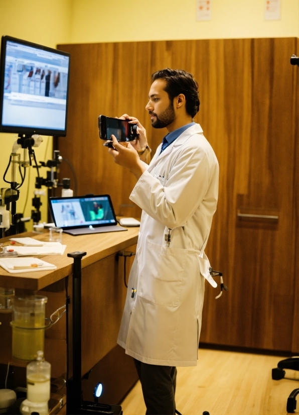 White Coat, Standing, Laptop, Dress Shirt, Computer, Communication Device