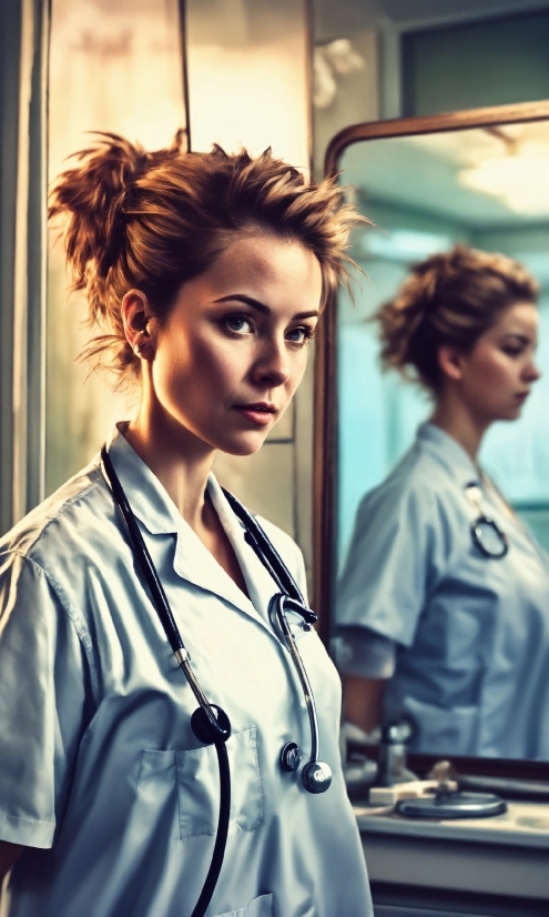 Hair, Hairstyle, Sleeve, Eyelash, Stethoscope, Nurse