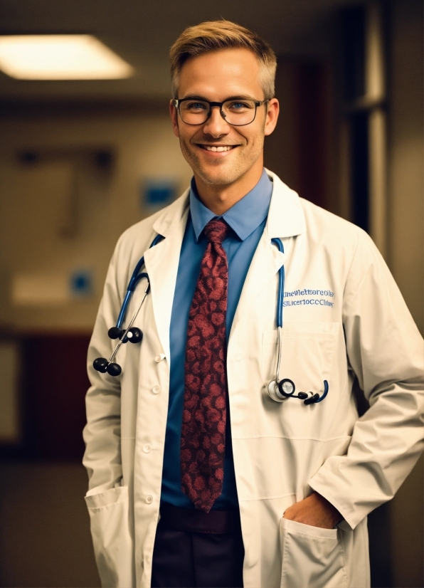 Glasses, Smile, Outerwear, White Coat, Tie, Dress Shirt