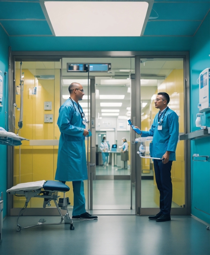 Blue, Standing, Health Care, Fixture, Workwear, Door