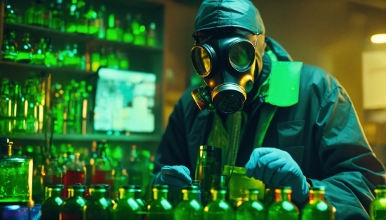 Photograph, Green, Gas Mask, Lighting, Drinking Establishment, Bottle