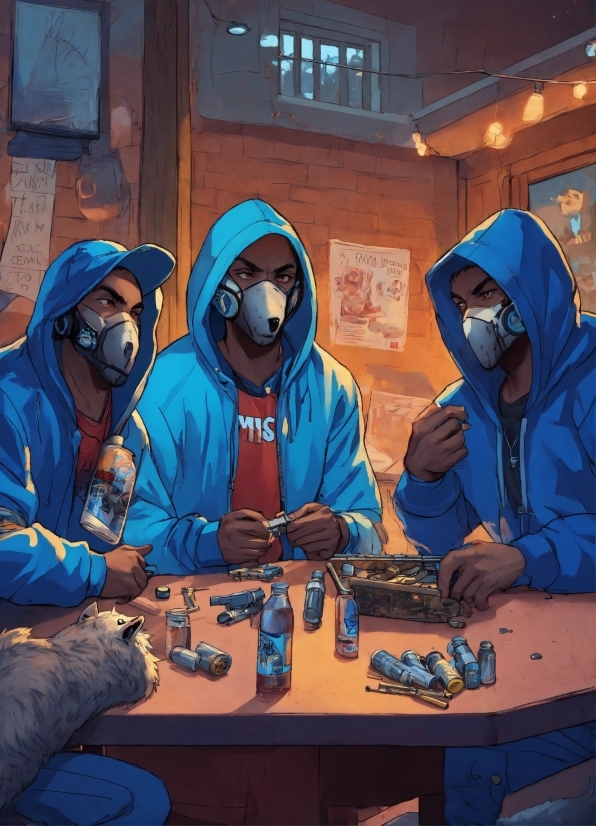 Blue, Human, Table, Headgear, Jacket, Recreation