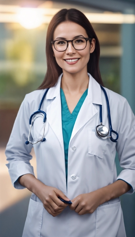 Glasses, Smile, White Coat, Sleeve, Health Care, Stethoscope