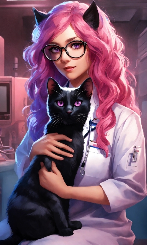 Head, Hairstyle, Eye, Vision Care, Cat, Purple