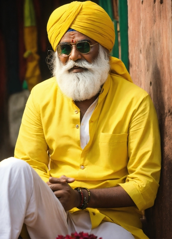 Clothing, Beard, Watch, Turban, Yellow, Facial Hair