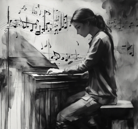 Handwriting, Standing, Black-and-white, Style, Table, Pianist