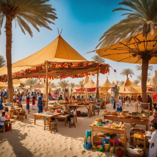 Sky, Tree, Shade, Table, People On Beach, Arecales