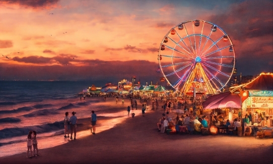 Cloud, Sky, Water, Ferris Wheel, People On Beach, Dusk