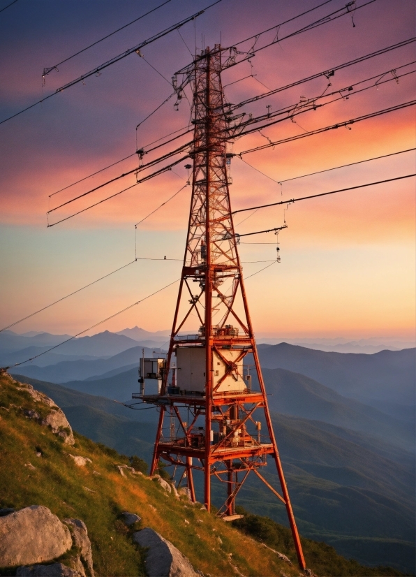 Sky, Mountain, Light, Electricity, Afterglow, Overhead Power Line