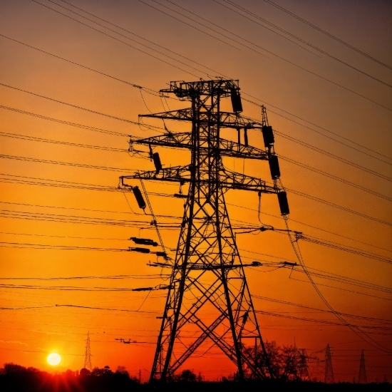 Sky, Light, Afterglow, Electricity, Transmission Tower, Overhead Power Line