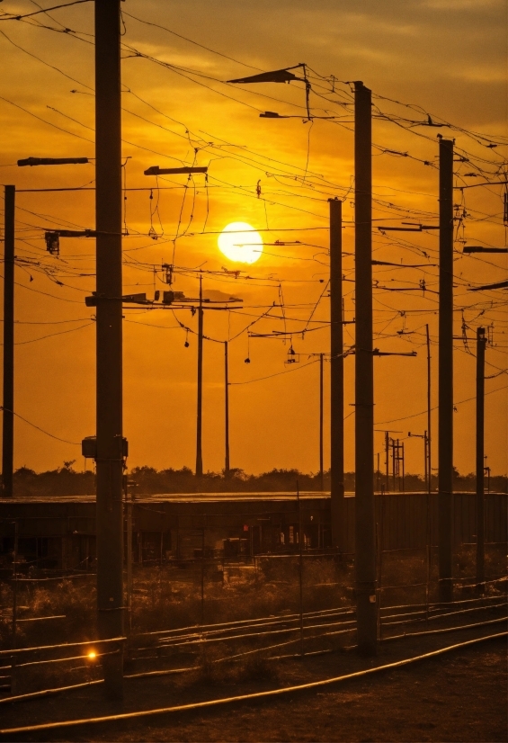 Sky, Afterglow, Overhead Power Line, Amber, Electricity, Orange