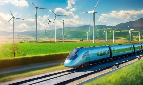 Sky, Cloud, Windmill, Train, Plant, Vehicle