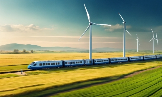 Sky, Windmill, Cloud, Atmosphere, Ecoregion, Train