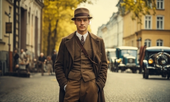 Hat, Vehicle, Building, Wheel, Fedora, Dress Shirt