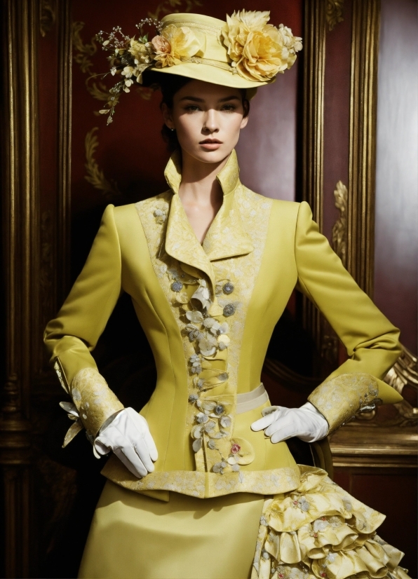 Hat, Fashion, Sleeve, Yellow, Waist, Collar