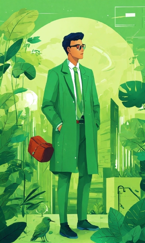 Green, Sleeve, Art, Collar, Plant, Tie