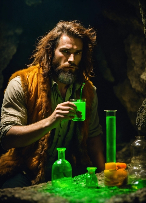 Bottle, Green, Drinkware, Beard, Lighting, Alcoholic Beverage