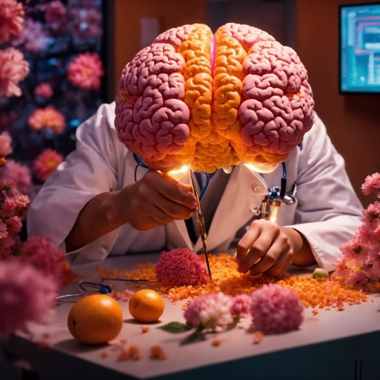 Hand, Orange, Tableware, Plant, Fruit, Brain