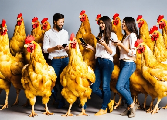 Bird, Jeans, Smile, Vertebrate, Chicken, Phasianidae