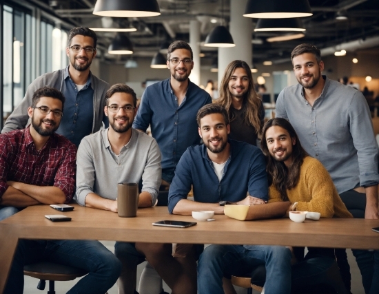 Smile, Head, Jeans, Table, Shirt, Product