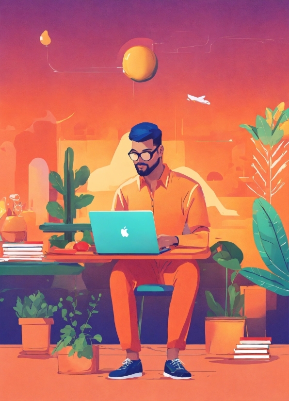 Plant, Laptop, Computer, Personal Computer, Table, Orange