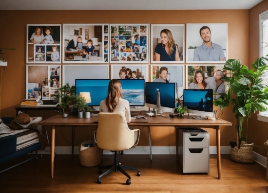 Computer, Table, Furniture, Plant, Bookcase, Personal Computer