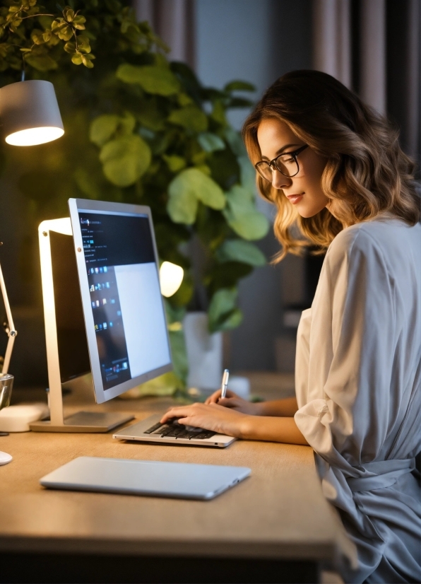 Glasses, Table, Computer, Personal Computer, Desk, Plant