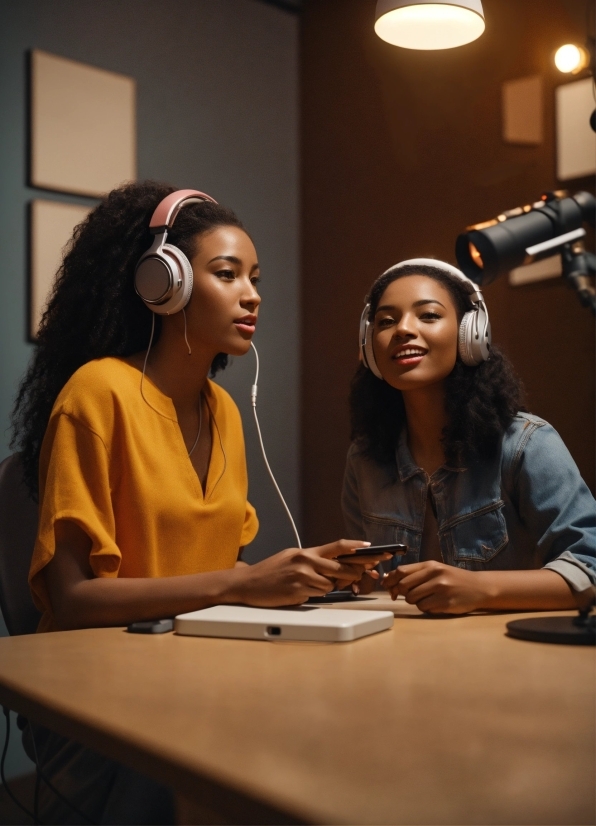 Hairstyle, Table, Hearing, Cornrows, Smile, Audio Equipment