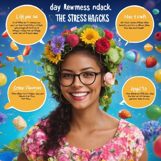 Glasses, Smile, Facial Expression, Happy, Flower, Publication