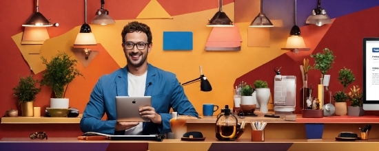 Glasses, Smile, Table, Lamp, Computer, Beard