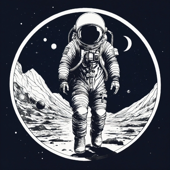 Astronaut, Sleeve, Astronomical Object, Font, Art, Circle