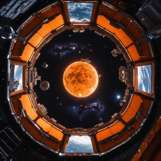 Amber, Circle, Symmetry, Space, Fixture, Metal