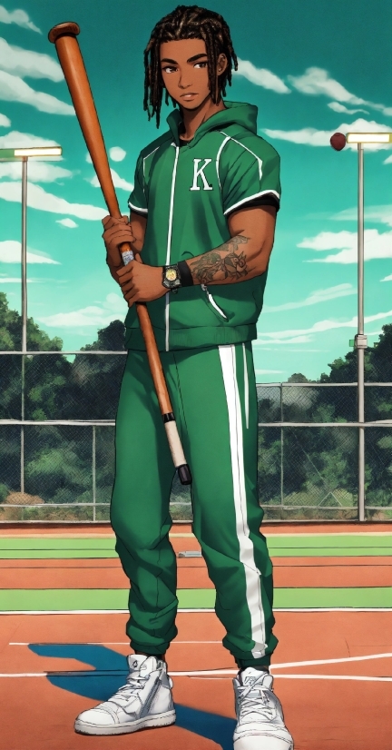 Baseball Bat, Green, Thigh, Grass, Sneakers, Shotgun