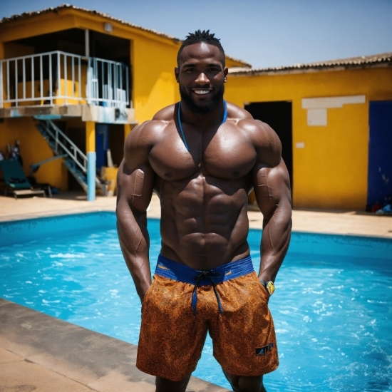 Water, Smile, Muscle, Blue, Swimming Pool, Chest