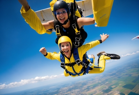 Smile, Sky, Tandem Skydiving, White, Sports Equipment, Blue