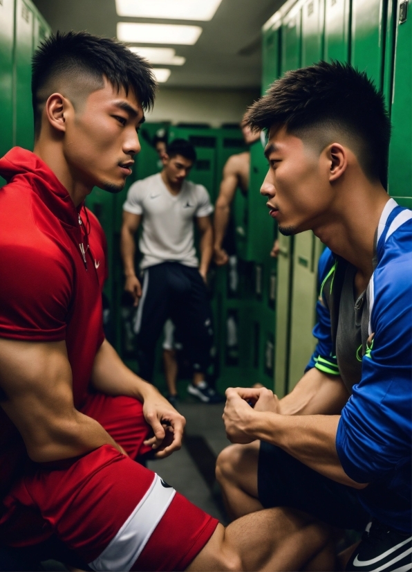 Hairstyle, Arm, Shorts, Muscle, Human, Blue