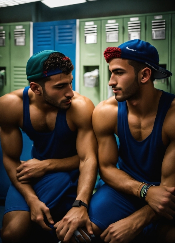 Hairstyle, Shoulder, Muscle, Cap, Thigh, Vest